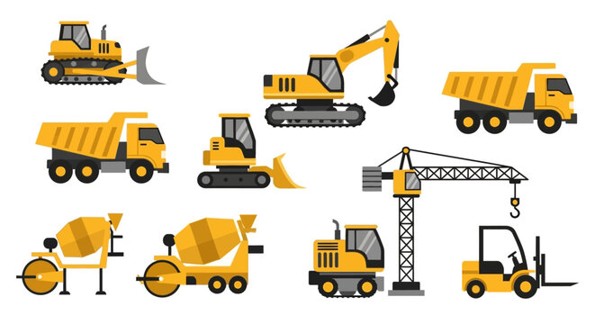 Construction Machinery Vector Icons Set. Heavy Equipment: Bulldozer, Excavator, Crane, Dump Truck, Concrete Mixer, and Forklift Isolated on White.