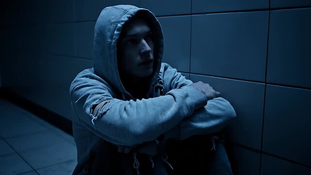 Troubled young person wearing a ripped hooded sweatshirt sits alone in dark, somber, blue-toned environment conveying feelings of distress and isolation.