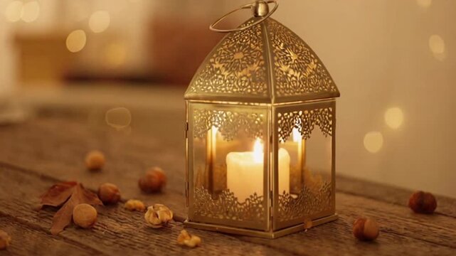 A gold lantern with lit candles on a wooden table surrounded by nuts and autumn leaves with a bokeh background, used for seasonal decoration