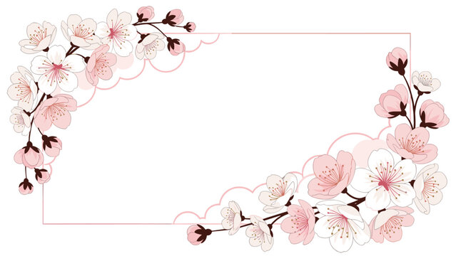 Elegant horizontal frame design adorned with delicate pink cherry blossoms and buds in the corners on a white background.