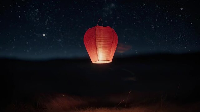 A glowing red lantern floats in a serene outdoor setting at night with a starry sky background, symbolizing hope or celebration