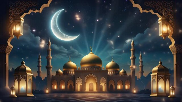 A golden mosque stands under a crescent moon with lanterns on either side, set against a starry night sky with clouds