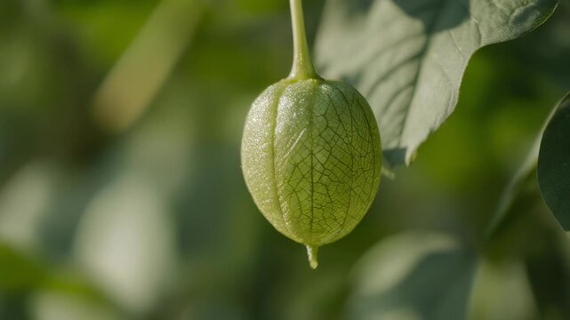 A green ground cherry fruit hangs from a stem amidst lush green leaves in a sunny garden or greenhouse with blurred background