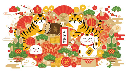 Fototapeta premium Japanese New Year celebration illustration featuring tigers and lucky cats surrounded by traditional festive symbols like coins and pine.