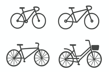 Obraz premium Bicycle Silhouette Vector Set: Diverse Bike Styles for Transportation and Sport, Simple Outline CAD Illustrations Isolated on White Background.