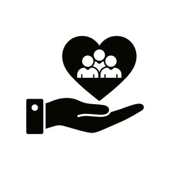 Black icon of a hand holding a heart with three people figures inside isolated on transparent background