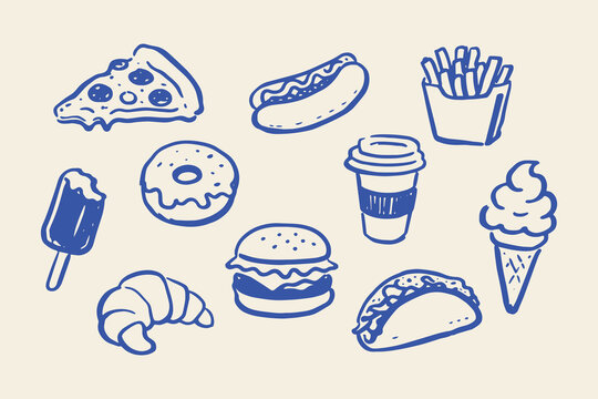 Fast food doodle line art vector illustration