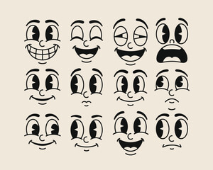 Obraz premium Set of 12 cartoon faces with various expressive emotions in a vintage animation style expression happy