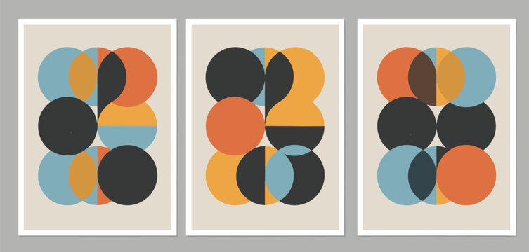 Three abstract geometric compositions with overlapping circles in muted colors on a light background