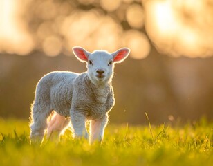Fototapeta premium Cute lamb in a field at sunset