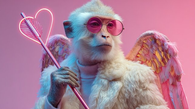 Monkey dressed as cupid wearing sunglasses, holding a glowing heart-shaped arrow on a pink background