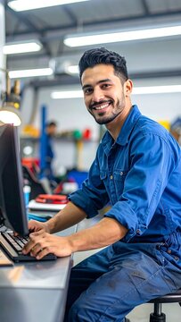 Smiling mechanic at a computer workstation, wearing blue work clothes in a brightly lit garage, looks at camera