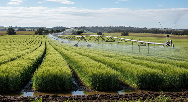 Modern center-pivot irrigation system watering green crops with drone technology against bright sunlit landscape