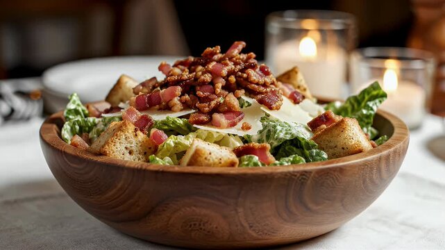 Hearty Caesar salad with crumbled bacon in a wooden bowl