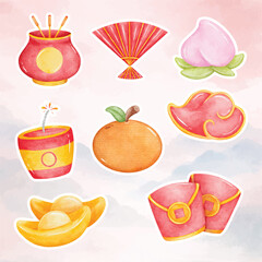 Watercolor Oriental Decorative Objects Set with Traditional Elements Illustration