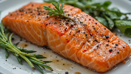 fresh marinated salmon with rosemary and pepper seasoning on plate