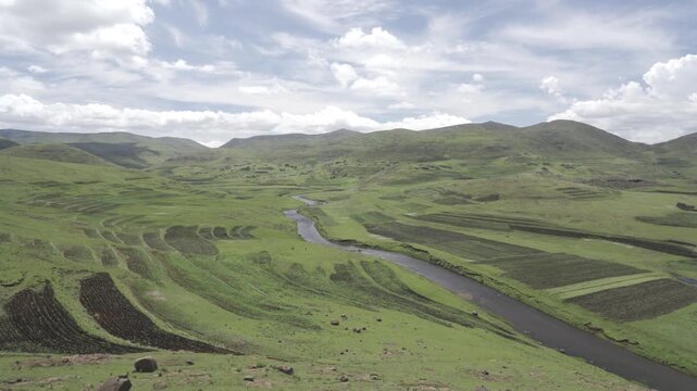 Green Armland And River In Lesotho