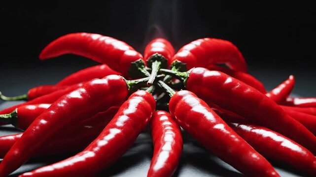 Vibrant red chili peppers arranged in a circular pattern, showcasing their glossy skins and intense flavor potential