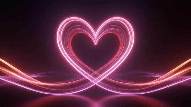 Neon heart intertwined with swirling lines in abstract animation, showcasing vibrant love and energy.
