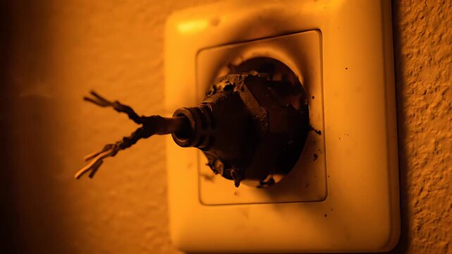 Close-up view of a severely damaged electrical wall outlet exhibiting signs of a dangerous short circuit or electrical fire with exposed, burnt wires visible.