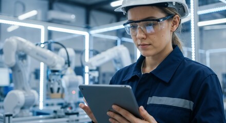 Engineer checks tablet in modern factory with robots working nearby during the day
