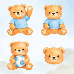 Cute Watercolor Teddy Bear Basic Poses Set for Baby and Nursery Illustration