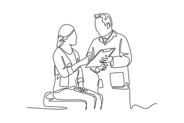 doctor and patient discussing diagnosis. Doctor visit and consul concept. Single line draw design. Vector graphic illustration