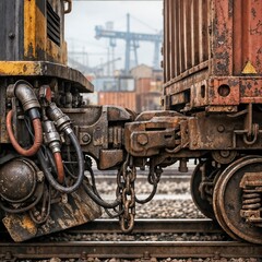 Fototapeta premium Train engine and cargo container connect at the freight yard during a cloudy day in an industrial area
