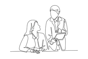doctor showing Medical Results on Digital tablet. Doctor visit and consul concept. Single line draw design. Vector graphic illustration