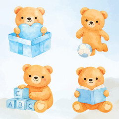 Playful Watercolor Teddy Bear Activities Set for Kids Learning Illustration