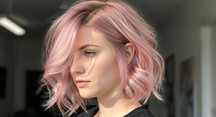 Fototapeta premium Model with an asymmetrical lob haircut in soft pastel pink color viewed from the side