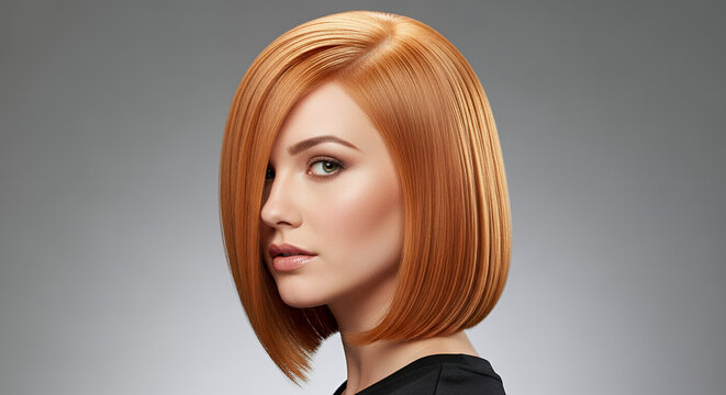 Model with an asymmetrical lob haircut in vibrant copper color shown from a side perspective
