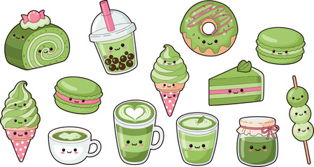 Cute Matcha Dessert and Drink Illustration Set with Green Tea Sweets, Kawaii Characters, Pastries, Ice Cream, and Cafe Beverage Elements