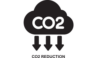 Black and white icon of a cloud with CO2 text inside and three downward arrows symbolizing CO2 reduction and emission control concepts.