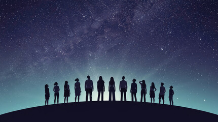 Fototapeta premium A diverse group of people stand in silhouette against a starry night sky on a hilltop standing