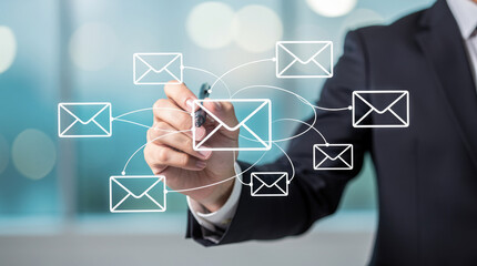 Businessman Drawing Email Icons Connected by Lines suit