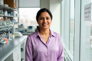 Confident Indian woman researcher smiling in a bright clinical laboratory environment, International Women's Day theme, indoor