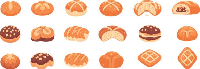 Sweet bread illustration, bakery pastry collection, dessert food art, baked goods drawing, confectionery sketch, breakfast treat vector, sugar icing design, cultural pastry artwork, 
