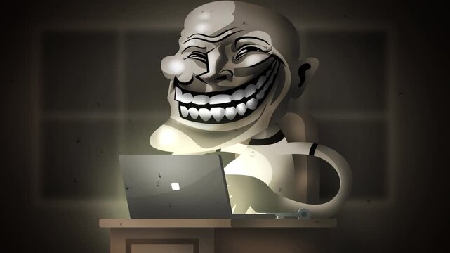 troll face meme trolling and chatting on the internet with a laptop