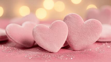 Fototapeta premium Soft pink velvet heart shapes with glitter on a pink surface and bokeh lights texture