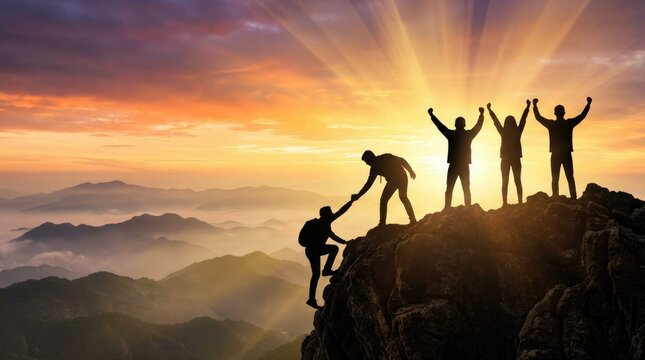 Silhouettes of triumphant people on a mountain peak with arms raised at sunrise summit