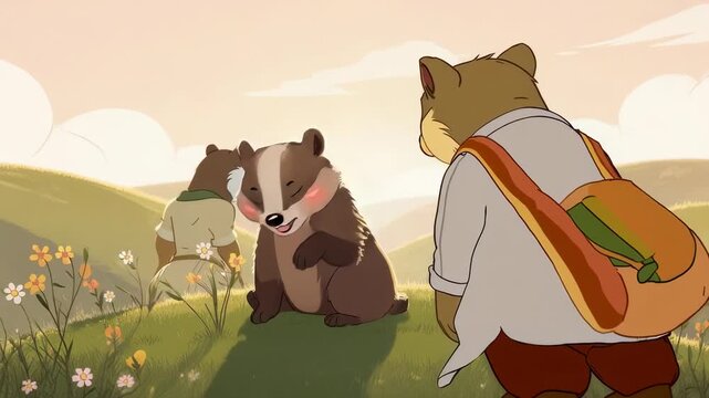 Cartoon bears and a badger interacting in a sunny meadow with flowers, hills, and a cloudy sky