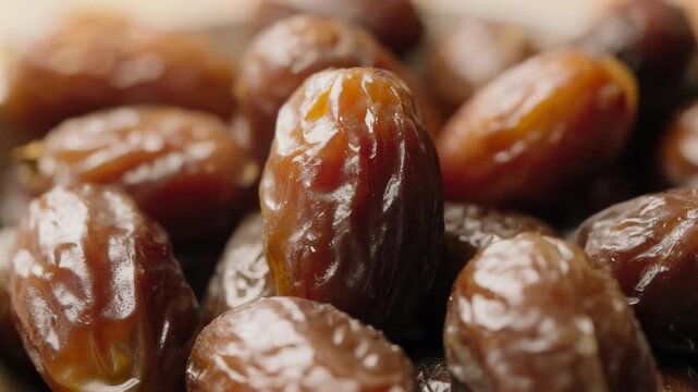Close-up of brown dates on a beige surface, with more dates in the blurred background, possibly for food or health-related use