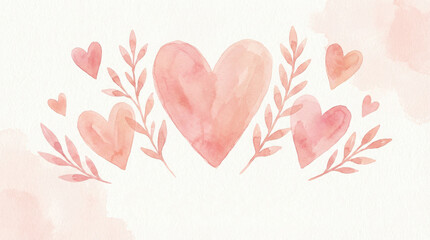 Watercolor hearts and floral branches in soft pink and peach hues on a textured background