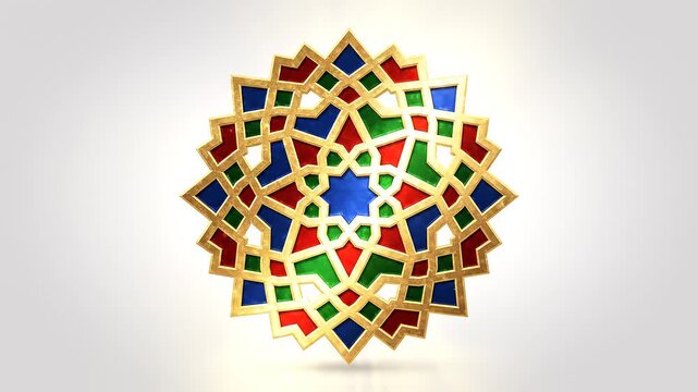 Colorful Islamic geometric pattern with gold accents on white background for design or decorative use
