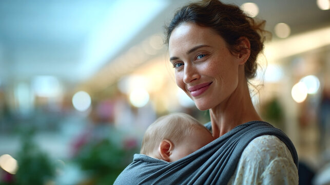 Caucasian woman smiling while carrying a baby in a gray wrap sling inside a shopping mall with blurred background and soft lighting