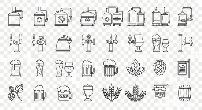 A collection of black line icons depicting brewery equipment, beer glasses, and ingredients on a transparent background.