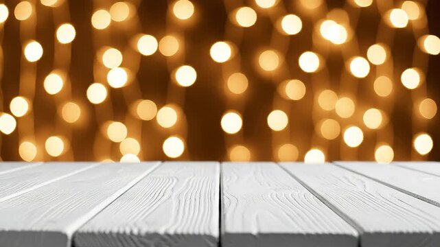 Empty White Wooden Table Surface Against a Warm Golden Bokeh Light Background for Product Display