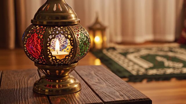 Colorful stained glass lamp on wooden table in traditional Middle Eastern room with rug and curtains