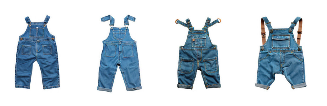 Four views of denim overalls presented in a row ideal for design projects on transparent background